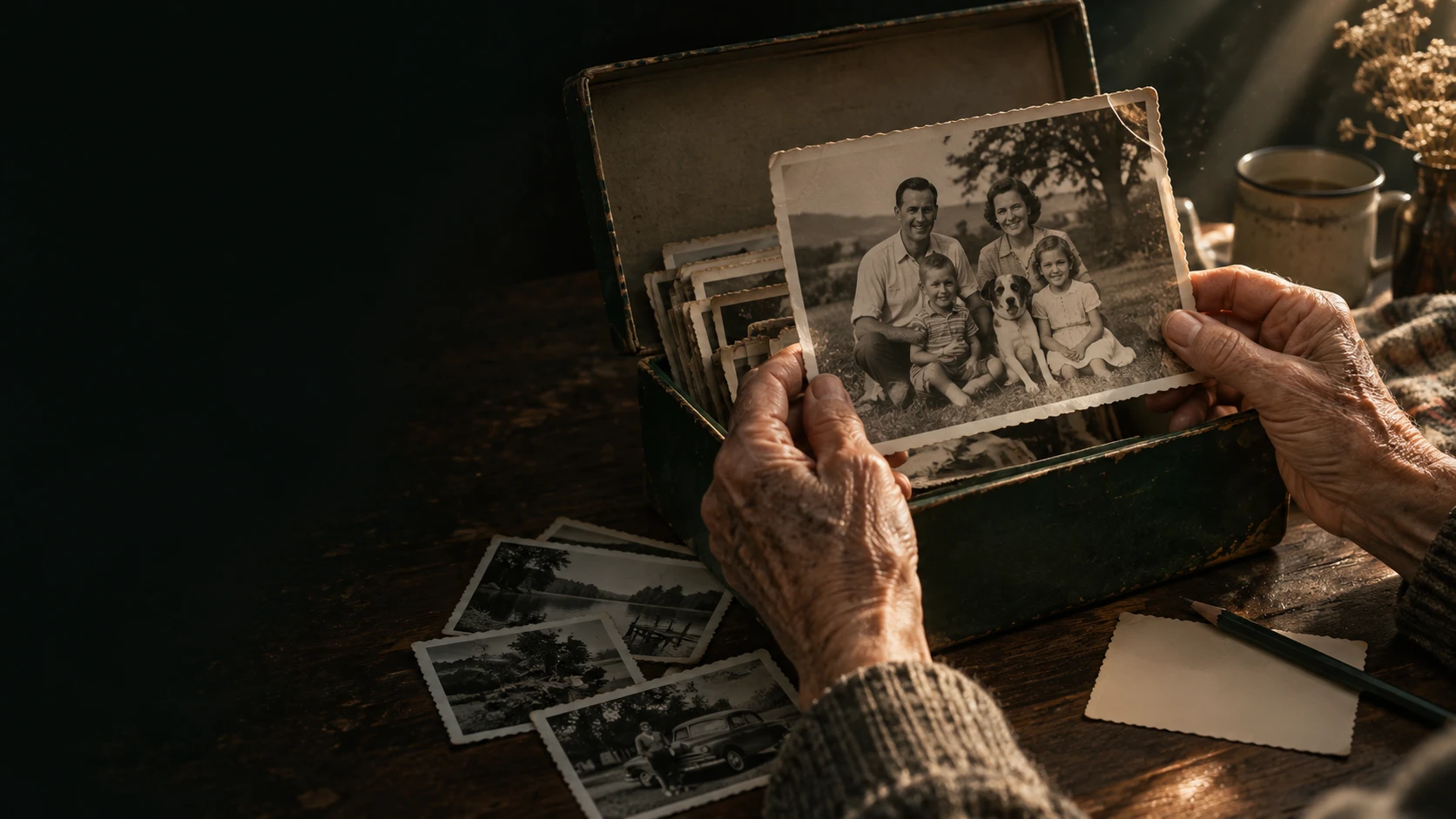 Hands holding a family photograph above an open box of old pictures.