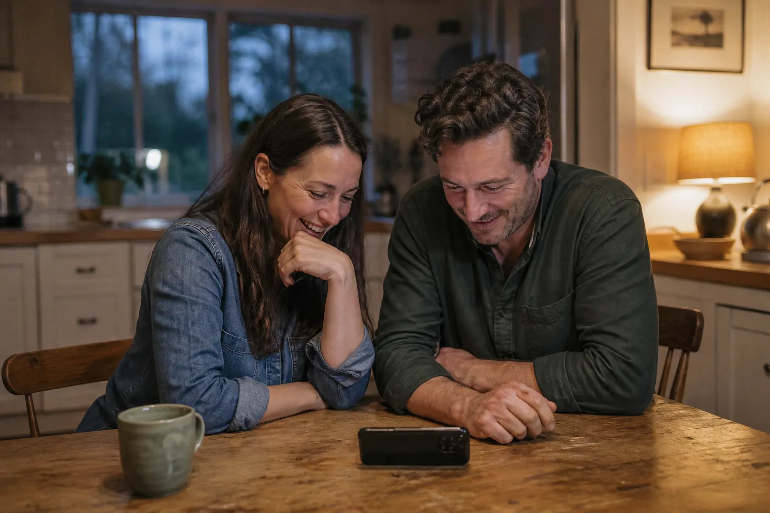 An adult sister and brother listening together to a family story
