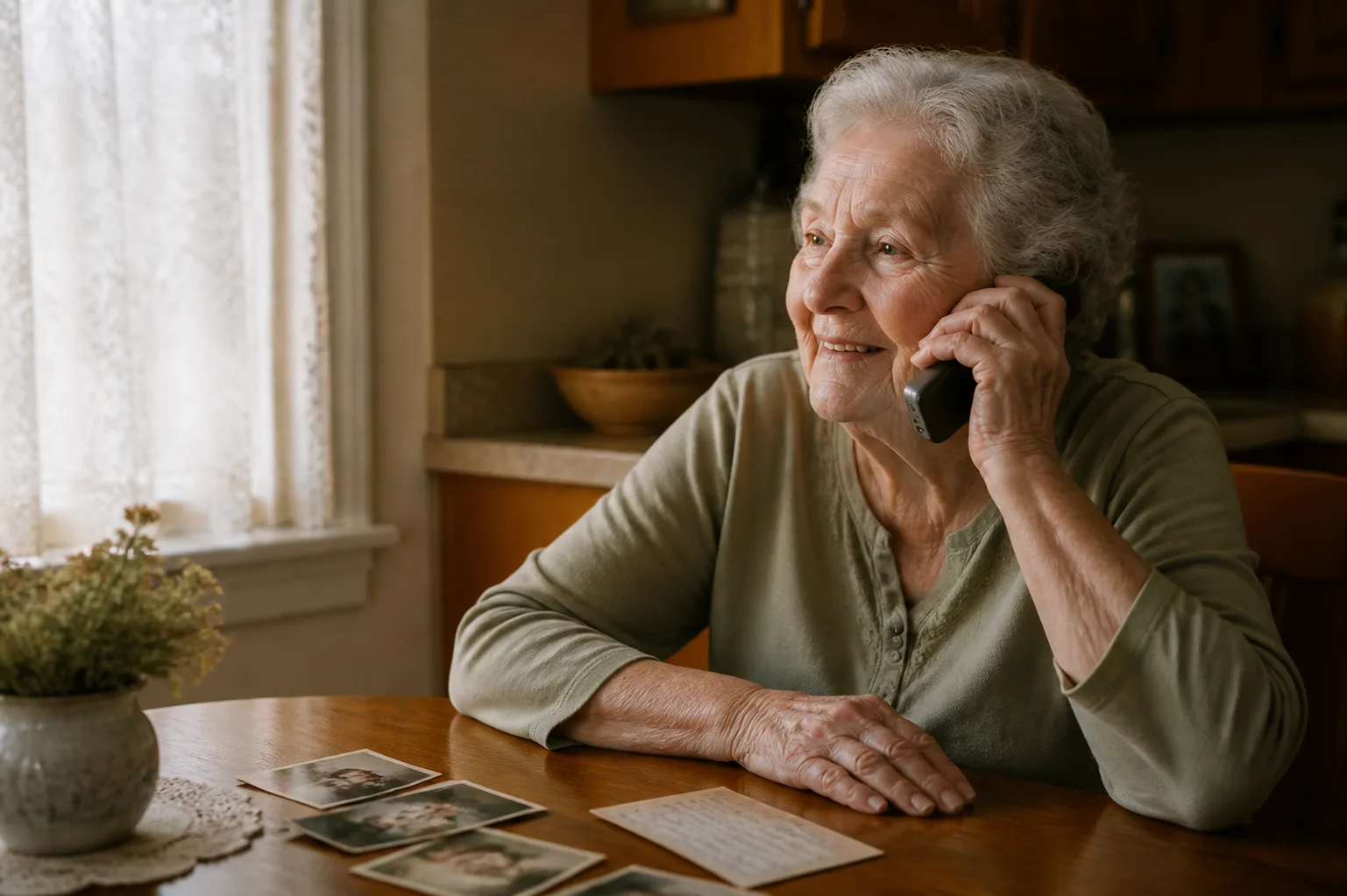 A grandmother enjoying a relaxed phone conversation at her kitchen table