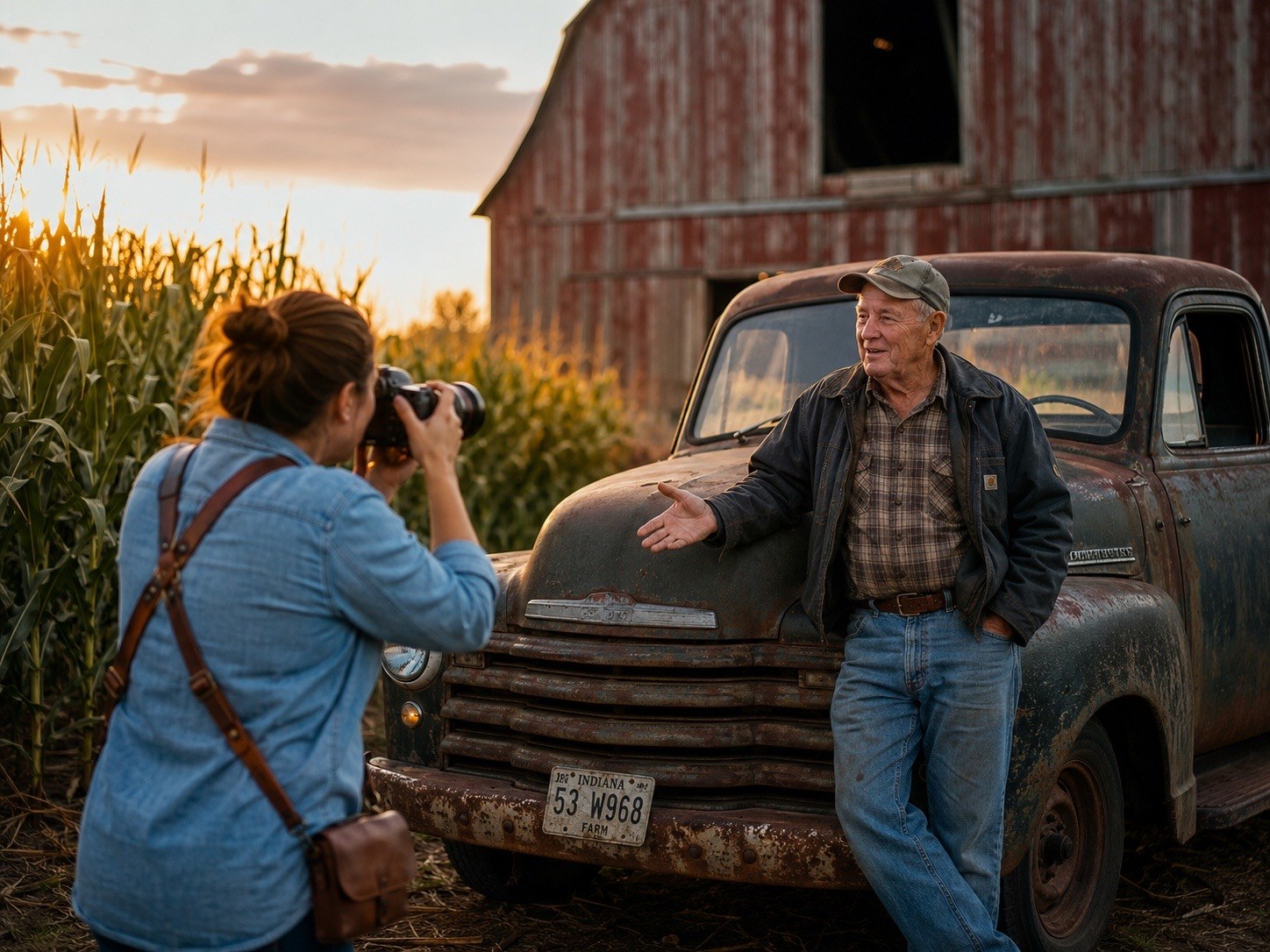 A photographer working with an older farmer beside a barn and vintage truck, showing how story and image work can fit together.