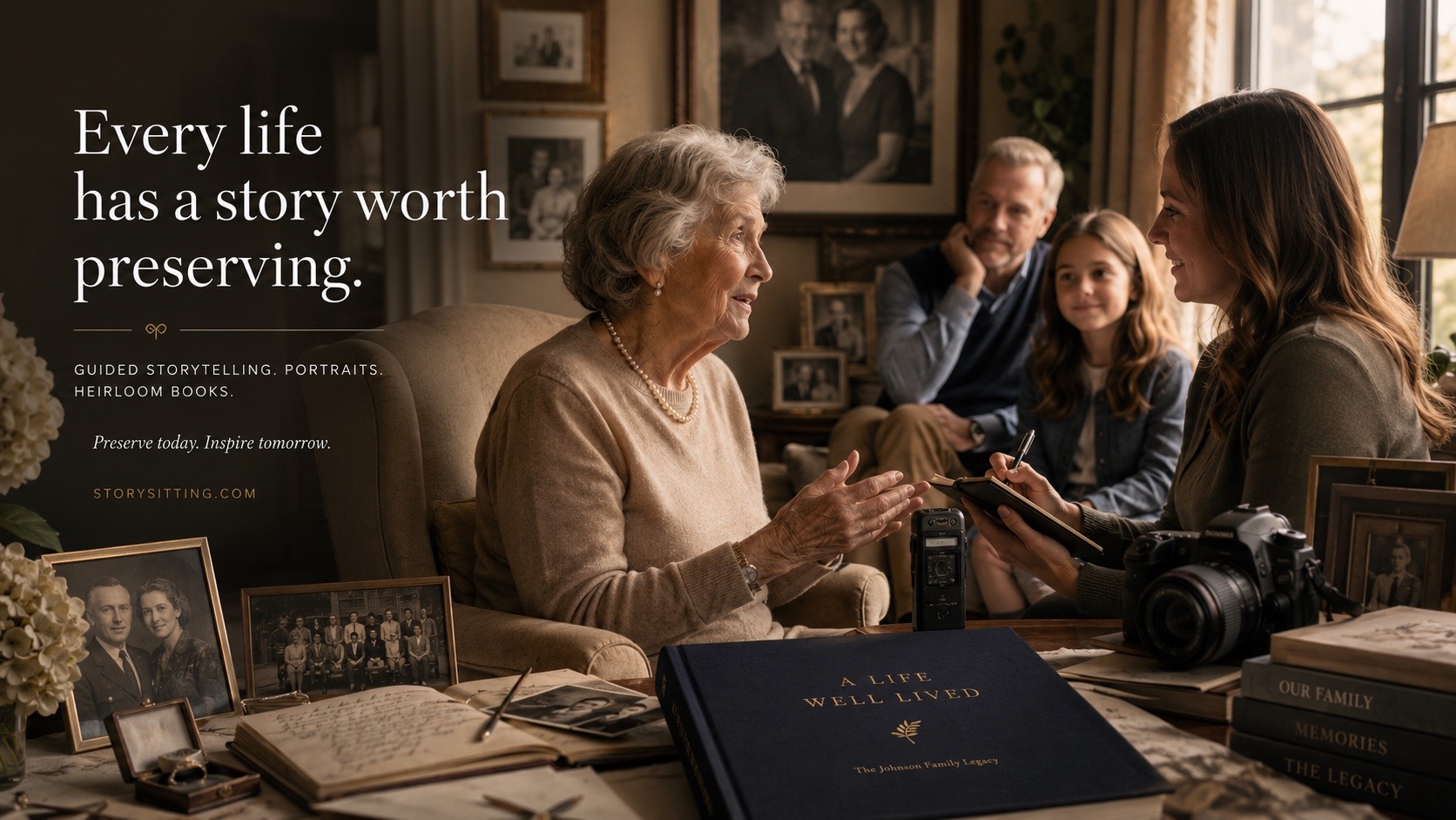 A StorySitting session centered around an older woman sharing her story while family members and an interviewer listen in a warmly lit room.