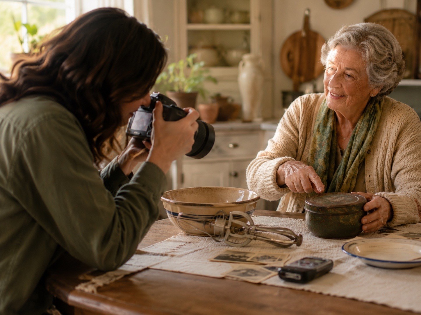 A StorySitting kitchen-table session with heirloom objects, photos, a recorder, and an older woman sharing the story behind them.