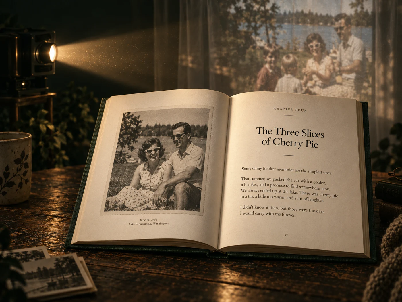 Illustrative open memoir with family photographs and a printed chapter.